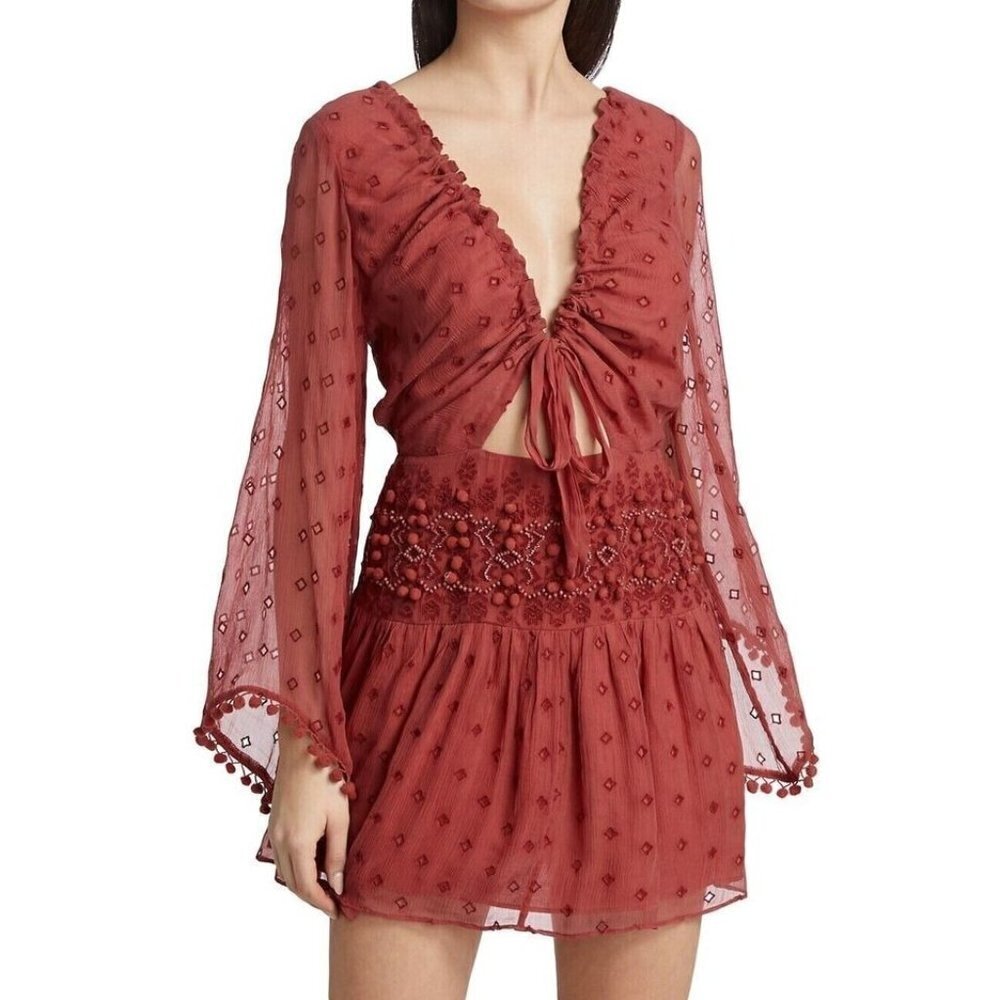 FREE PEOPLE Della Sole Embroidered Beaded Pom Pom Mini Red Dress Size S $298